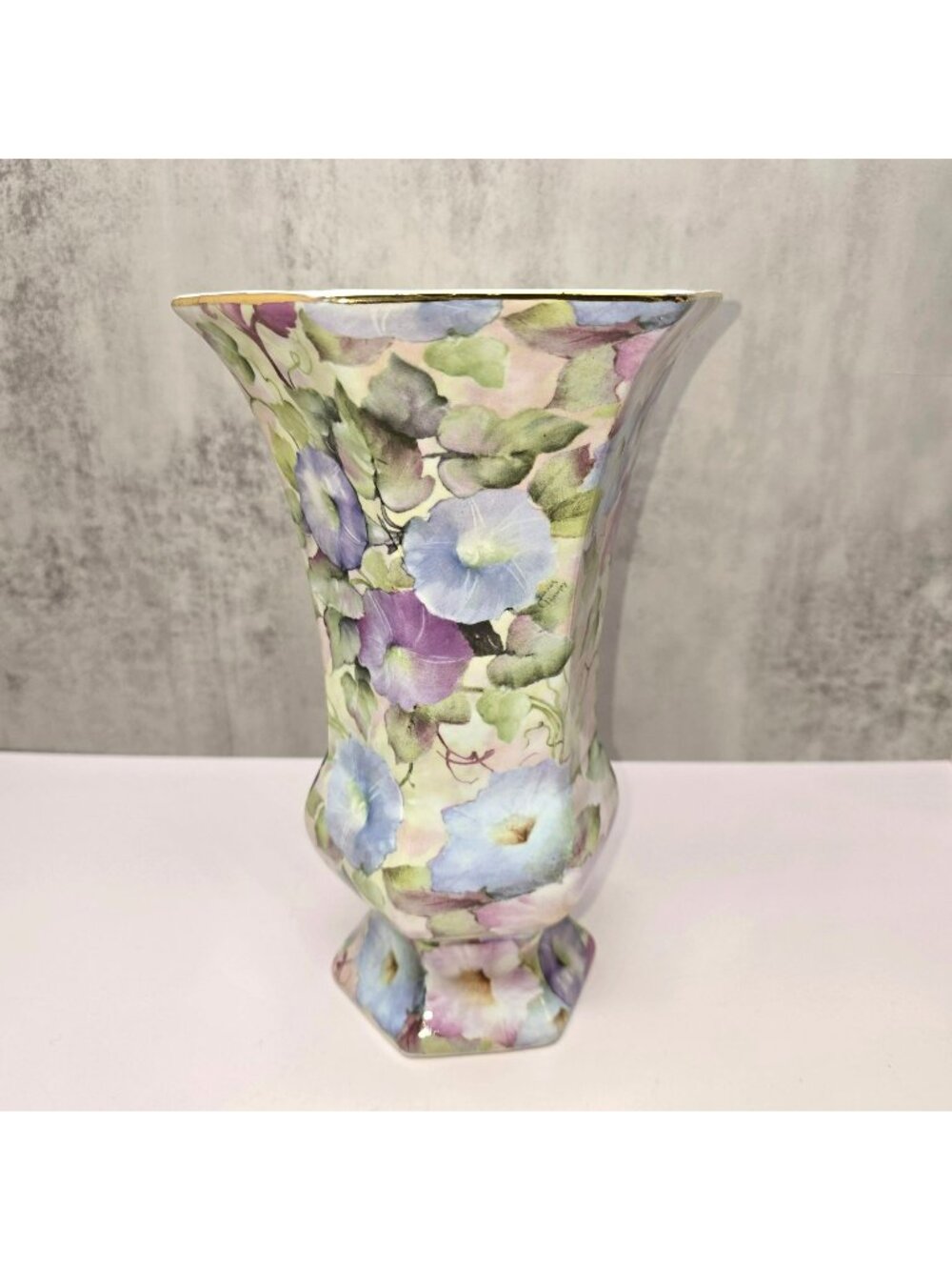 Floral Ceramic Vase Morning Glory Pattern Hexagonal Formalities Baum Bros VL5164